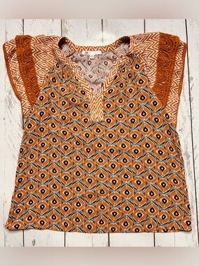DR2 Orange Geometric V-Neck Top with Crochet Cap Sleeves